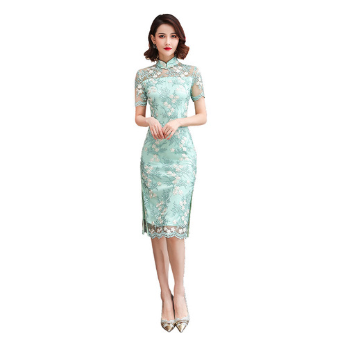 Pink green red Chinese dress for women young girls Mid-length lace host singers model show cheongsam wedding party qipao dress for female