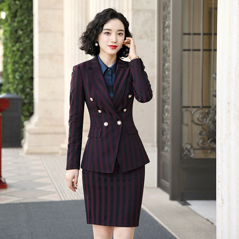 長袖西裝套裝女職業裝條紋修身顯瘦氣質套裝2019秋冬新款工作服