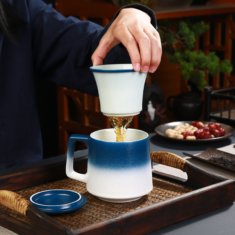 批发陶瓷杯带盖过滤茶水分离茶杯办公室泡茶杯渐变水杯logo制作|ms