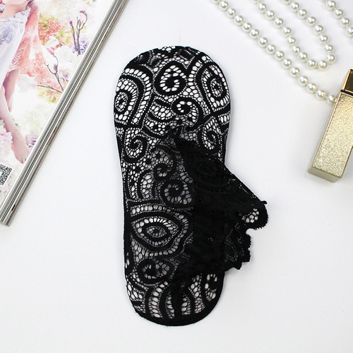 Summer shallow mouth low-top lace socks for women, Japanese-style floral edge short socks, grid breathable boat socks for women, pure cotton bottom, anti-slip