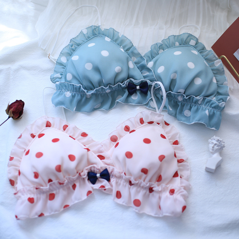 Summer New Vintage Polka Dot Chiffon Underwear Bra Set Color Matching Triangle Cup Bra Comfortable No Rings Bra