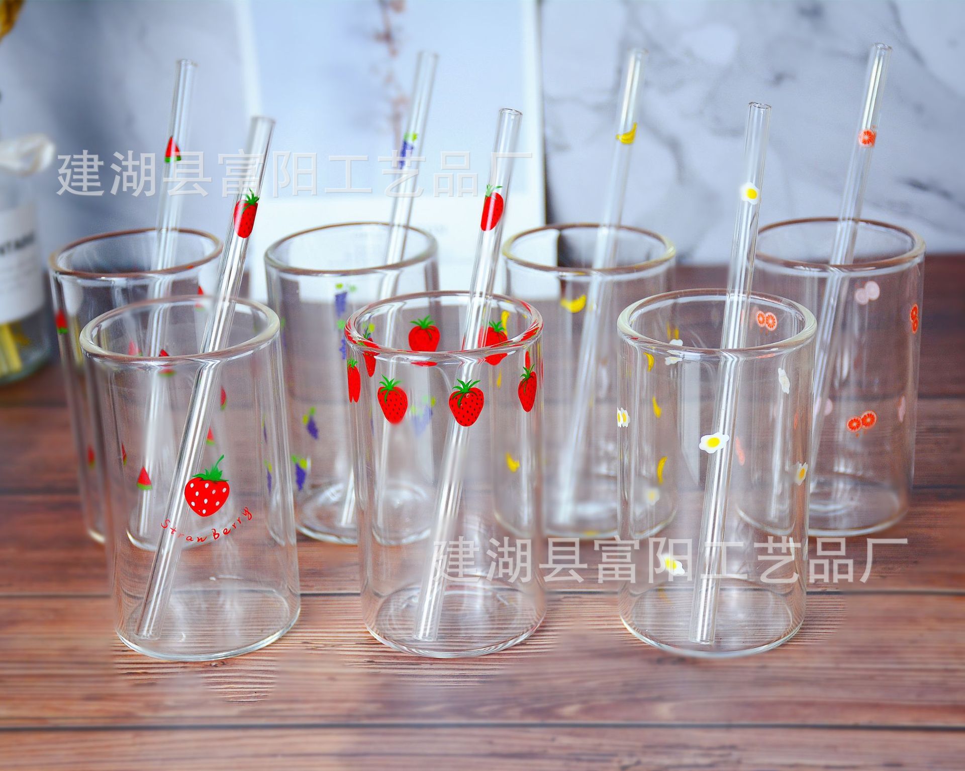 Lindo ins estilo chica corazón calefacción borosilicato resistente al calor transparente fresa impreso leche jugo vidrio paja taza