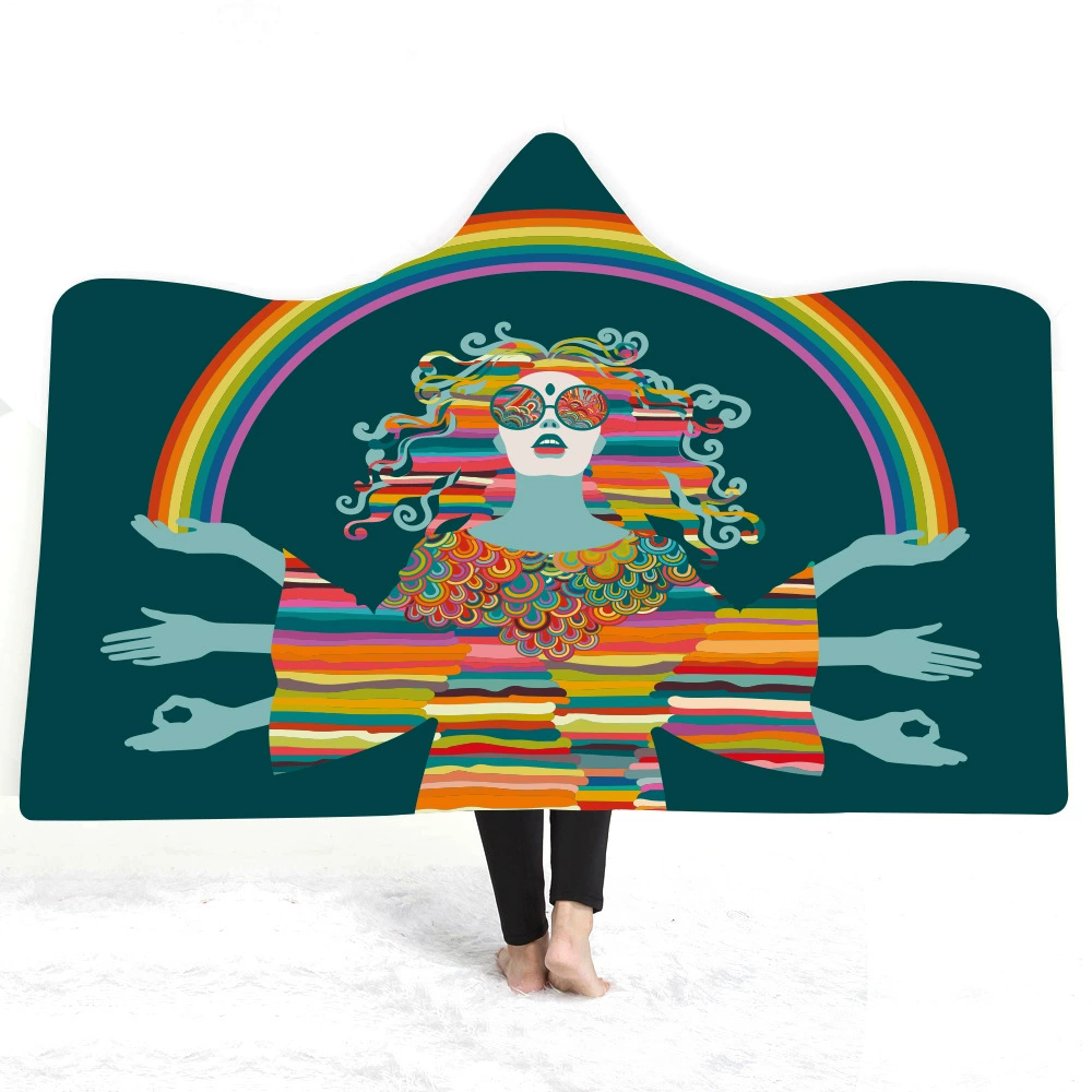 Трансграничное зимнее Европейское и американское одеяло со шляпой-хиппи Одеяло с капюшоном Утолщенный двухслойный плащ, плюшевый с цифровой печатью