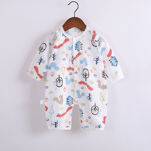 Spring and summer new children's printed thin closed-back infant pure cotton robe double-layer gauze long-sleeved jumpsuit
