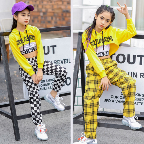 Yellow plaid hiphop costumes for girls street jazz dance wear hip-hop dance suit girl  hip-hop clothing for kids