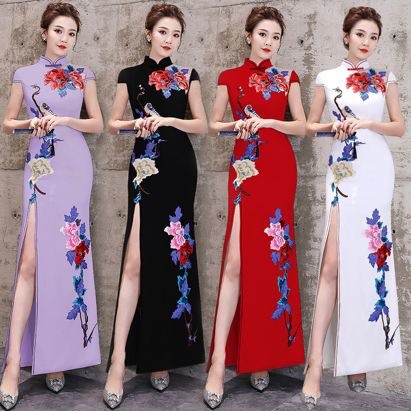 Chinese dress retro china traditional qipao Catwalk wedding party long cheongsam performance etiquette show host singers photos dresses