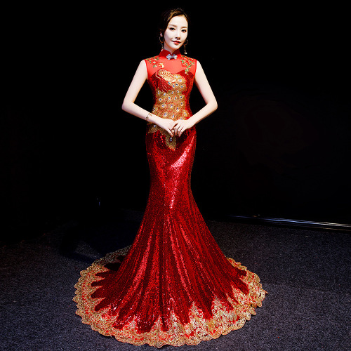 Chinese Dress Qipao for women Mermaid tailed evening dress sequined performance dress high end tailed catwalk cheongsam