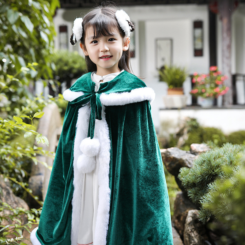 girl Hanfu Christmas children gules Shawl cloak One piece On behalf of thickening baby Retro Hooded Cape