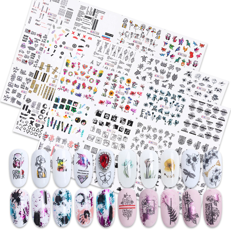 Cross-border hot nail art stickers black and white line art ins popular pattern nail decals animal abstract nail