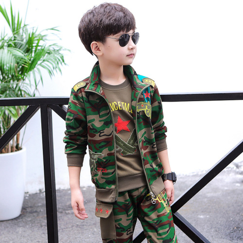 Children's Camouflage Fall Long Sleeve Set for Older Children, Fashion Three-Piece Set, Military Training Boys' Stylish Kids' Outfit, Children's Suit
