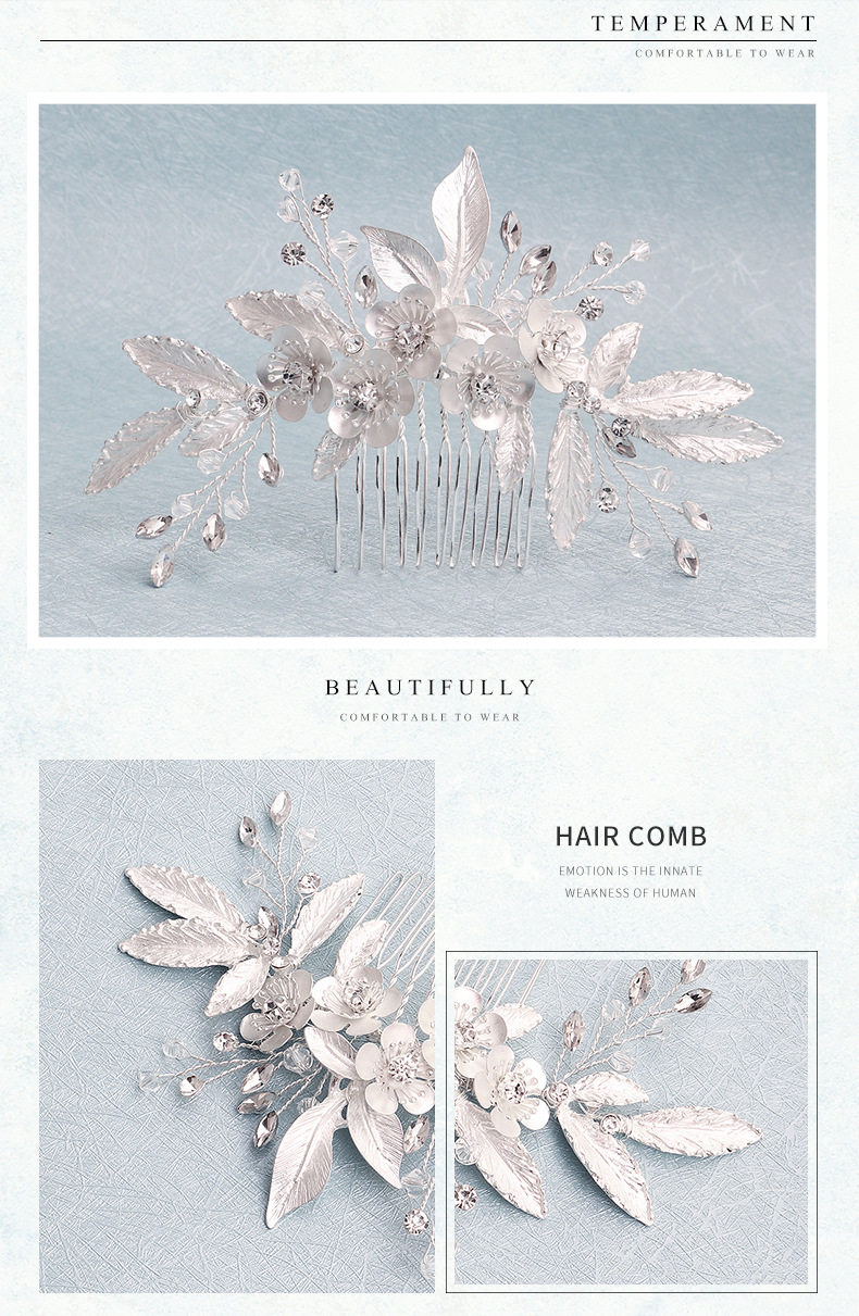 Fashion crystal flower hair comb alloy leaf diamond insert comb wholesale