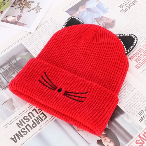 可爱猫咪图案帽子女士毛线帽卡通儿童猫咪针织帽冬季保暖猫耳朵帽