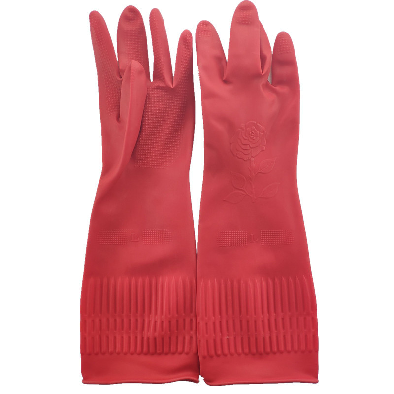 工厂直销红玫瑰加长乳胶防护手套 防油家用手套 防酸碱劳保手套