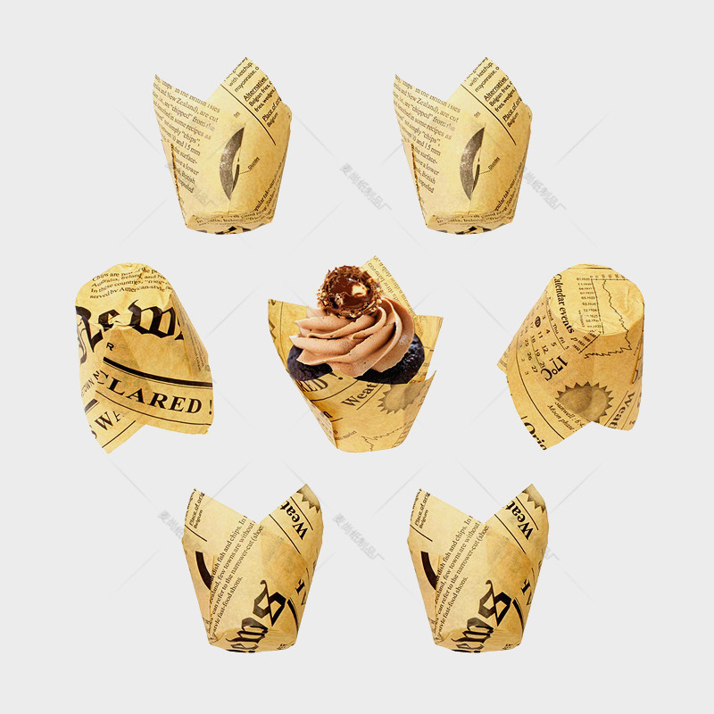Pastel taza de papel europeo importado de calidad alimentaria resistente a altas temperaturas Cupcake periódico dorado tulipán titular de papel para hornear