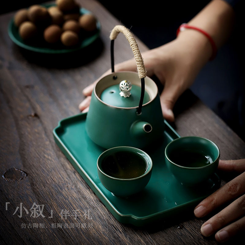 Shangyan Turquoise Green One Pot Two Cups Handle Pot Chinese Kung Fu Tea Set Quick Cup Hotel B&B Tea Set