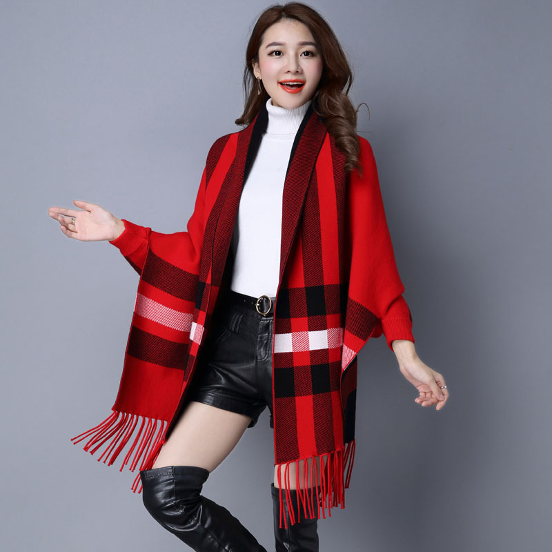 新款女装时尚格子围巾披肩厚开衫斗篷流苏带袖外套毛衣外搭披风潮|ms