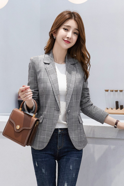 Chequered small suit jacket spring and autumn new 