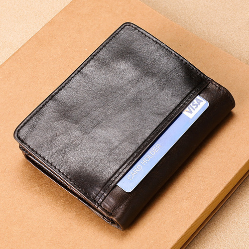 European and American cross-border Crazy Horse leather multifunctional men's wallet Genuine leather RFID buckle casual retro short wallet