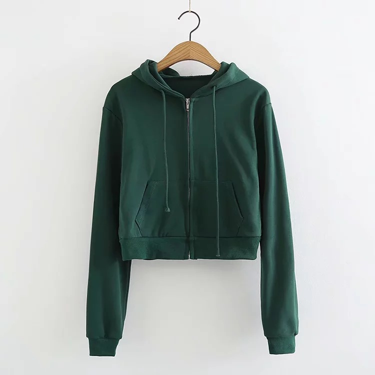 short zipper solid color hooded sweatershirt NSAC21618