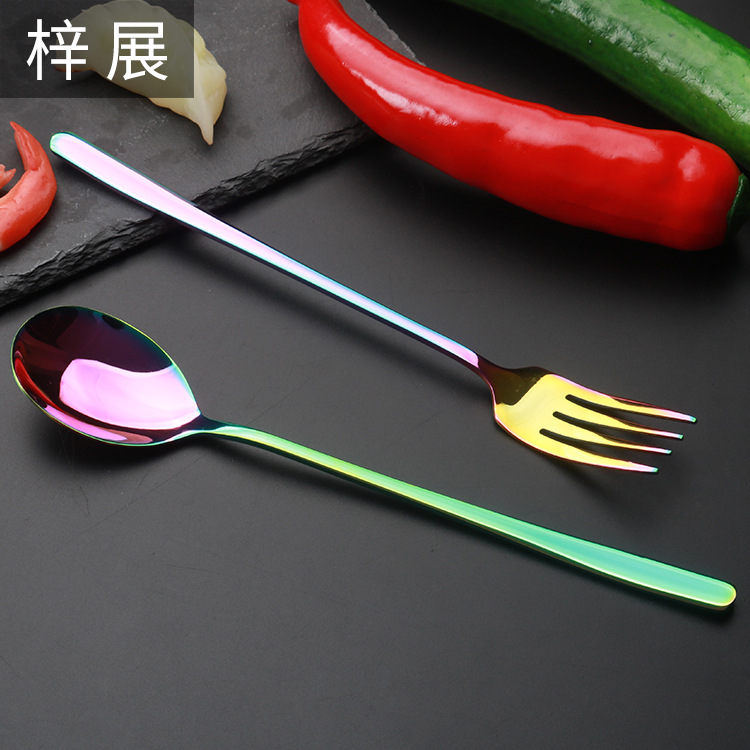 不鏽鋼韓式勺叉 炫彩韓式不鏽鋼叉勺批發 炫彩勺子 餐廳叉勺子批
