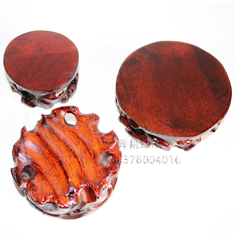 Solid Wood and Stone Base with Grooved Root Carving Buddha Statue Vase and Pot Plant Stand, Round Jade Stone Craftwork Stand