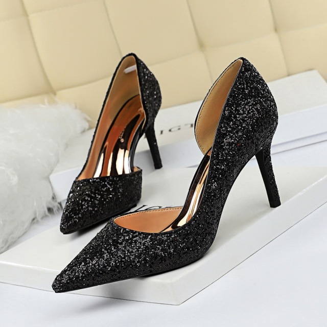 Sexy Night Club High-heeled Shoes Shallow Point Side Hollow Flash 