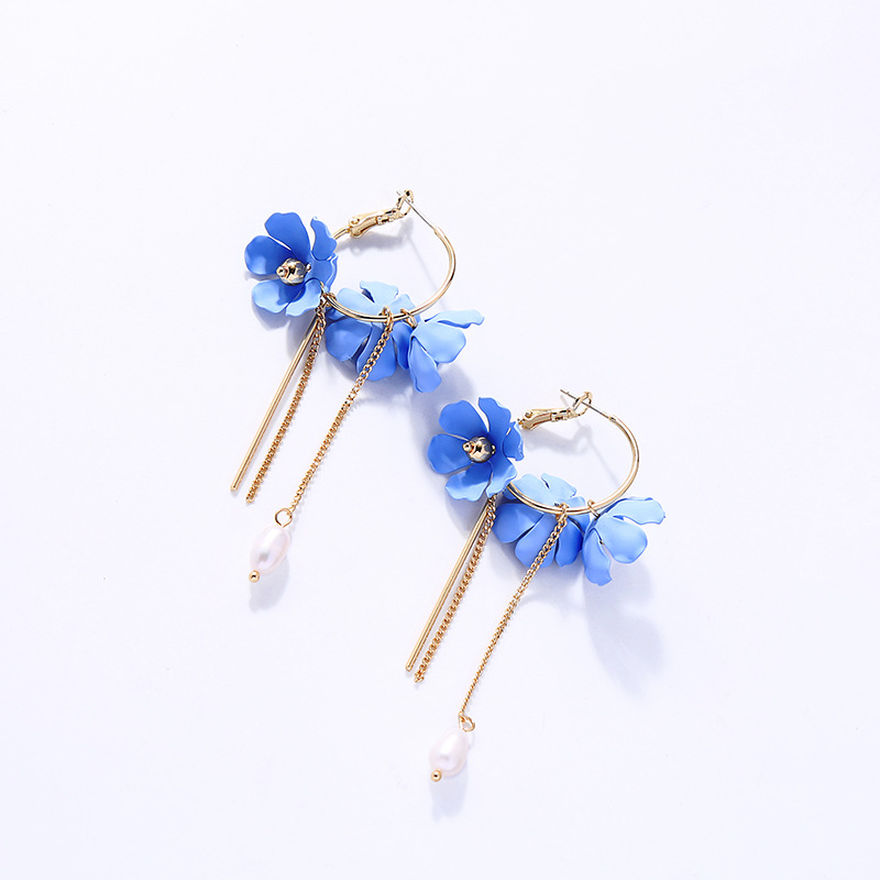 Fashion Pearl Pendant Earrings Wild Long Tassel Flower Earrings Women display picture 7