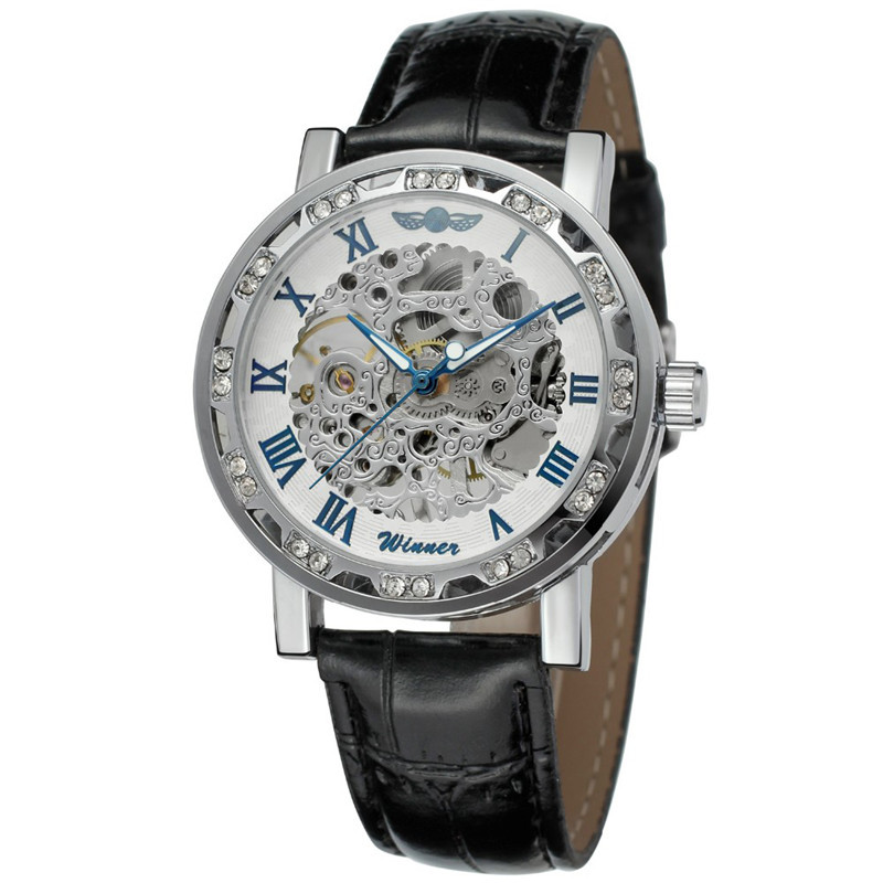 T-winner correa de los hombres reloj mecánico manual hueco transparente inferior moda reloj casual reloj mecánico 614