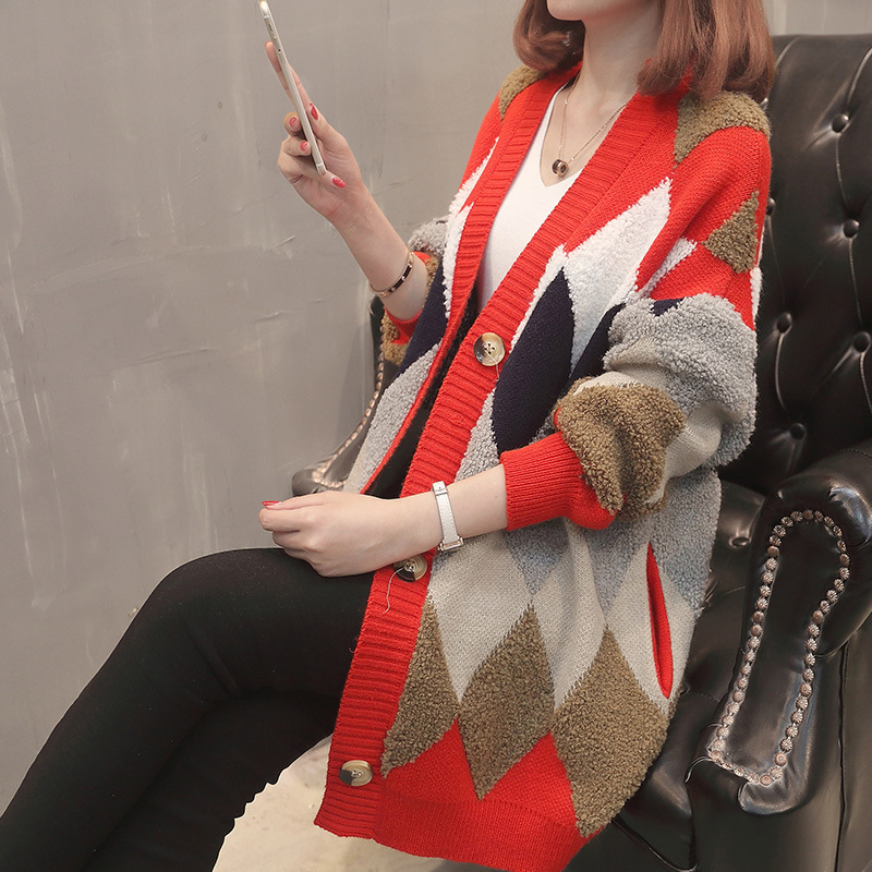 Cárdigan de punto con cuello en V y bloques de color, estilo coreano, holgado y adelgazante, con estampado de rombos, novedad primavera-otoño 2026 image 1