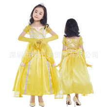 兒童節服裝美女與野獸 貝爾公主裙 兒童黃色貝兒公主萬聖節舞台裝