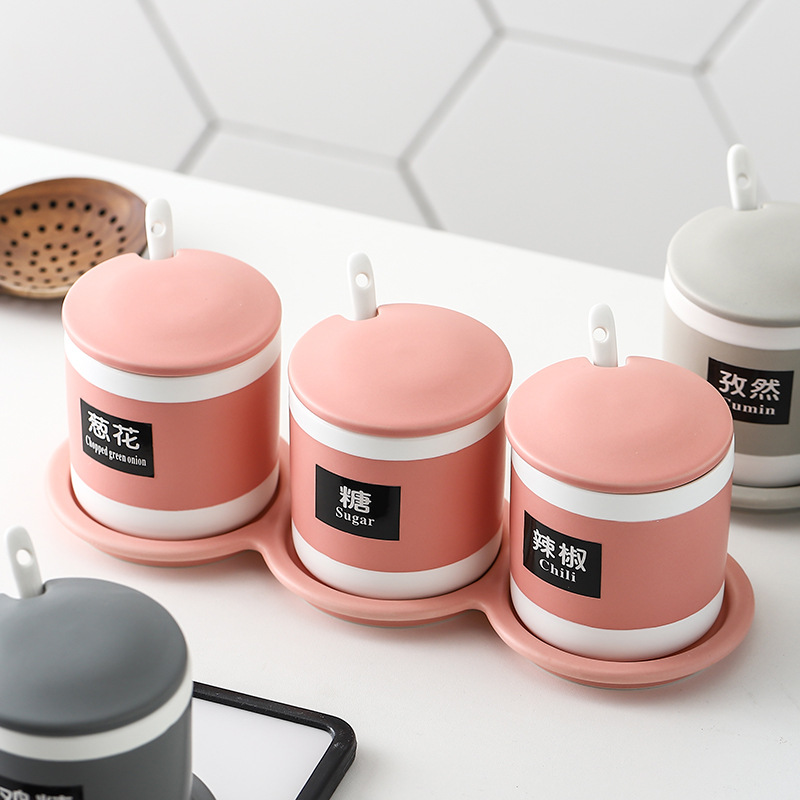 Tarro de condimento moderno simple creativo hogar de cerámica de color a juego combinación de botella de condimento de tres piezas de color caramelo suministros de cocina