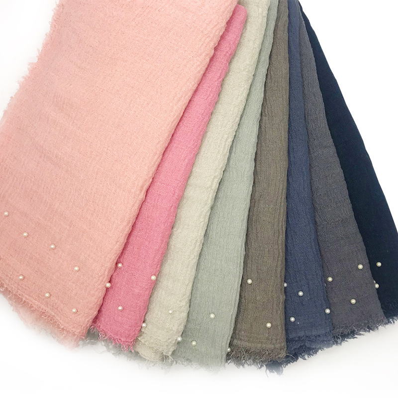 跨境新款棉麻纯色须边珍珠女士围巾夏季薄款包头巾55色可选