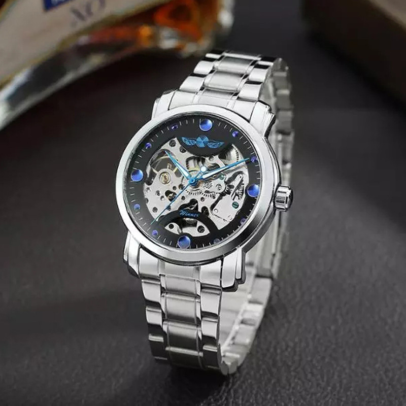 Winner8008 moda reloj mecánico automático de los hombres correa de acero reloj de negocios reloj mecánico transparente hueco de los hombres