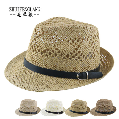 Middle-aged and elderly summer hand-woven hollow straw paper hat belt buckle casual curled jazz hat sun protection hat