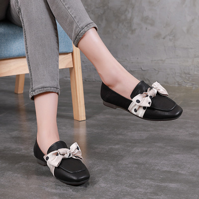 2019丝绸蝴蝶结气质时尚百搭真皮女鞋 文艺方头平底单鞋厂家直销|ms
