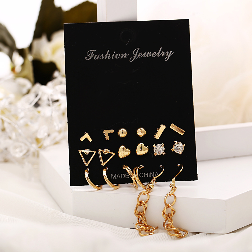 New Geometric Set Earrings 9 Pairs Of Creative Retro Simple Heart-shaped Inlaid Rhinestone Earrings display picture 8