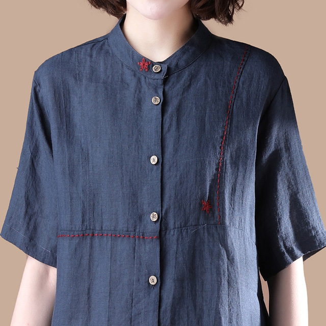 Short Sleeve Ramie Blouse Summer Suit New Embroidered Collar Shirt 