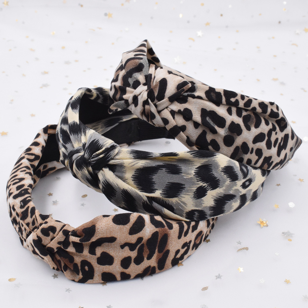 Leopard Print Headband Ladies Wide-sided Cross-knotted Retro Fabric Headband Creative Headwear Wholesale display picture 14