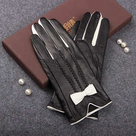 秋冬女士小羊皮真皮薄手套撞色名媛风刺绣防风厂家批发处理轻奢风