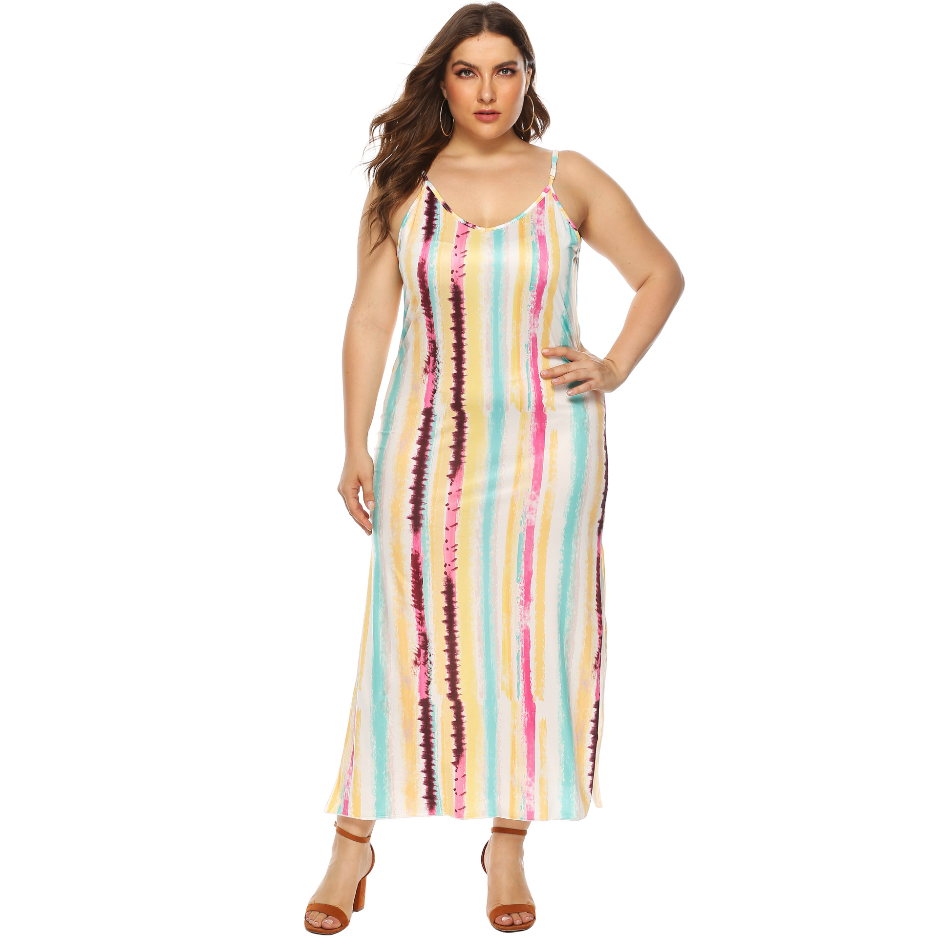 plus size stripe printing sexy open back dress NSOY45960