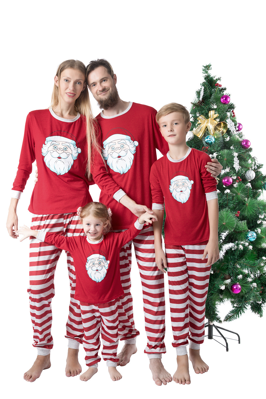 2019 ebay亚马逊欧美家居服圣诞老人印花条纹裤子亲子装家庭套装