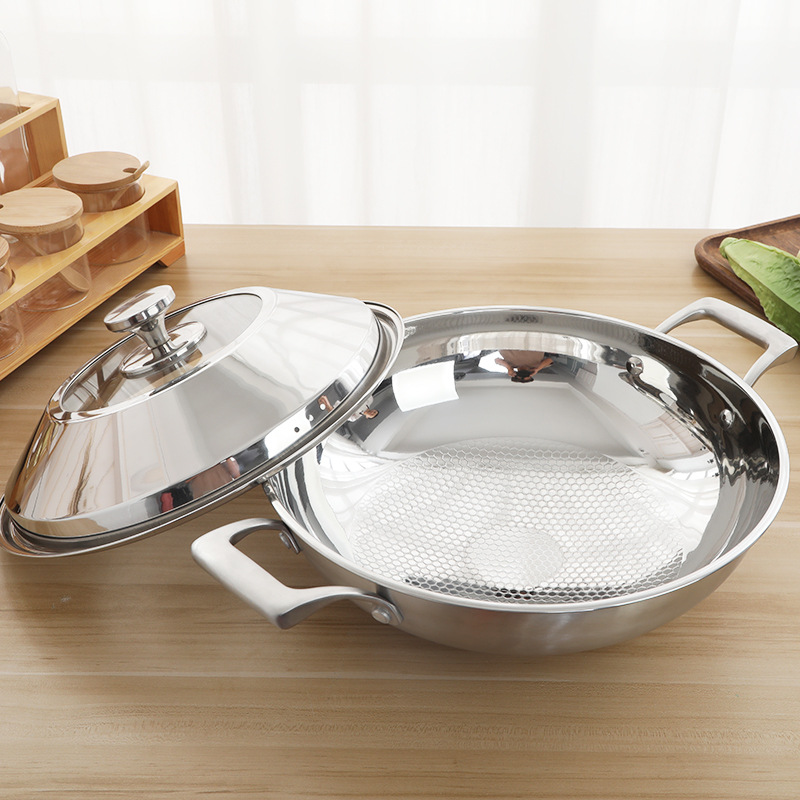 304不锈钢炒锅球面型不粘锅无油烟蜂窝无涂层炒锅燃气电磁炉通用