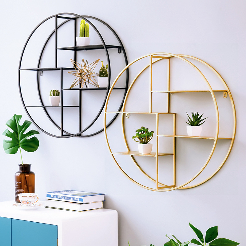 Nordic Living Room Wall Hanging Iron Rack Simple Creative Bookshelf Partition Wall Decorative Round Display Rack