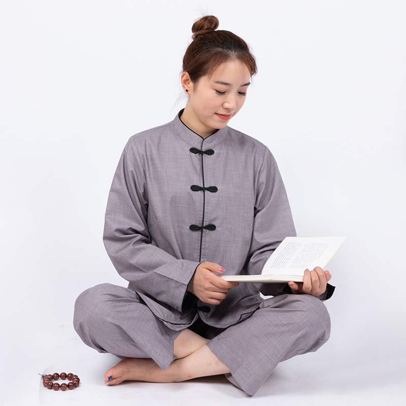女款立领黑边居士禅修服套装盘扣布扣夏季深灰居士服女-阿里巴巴