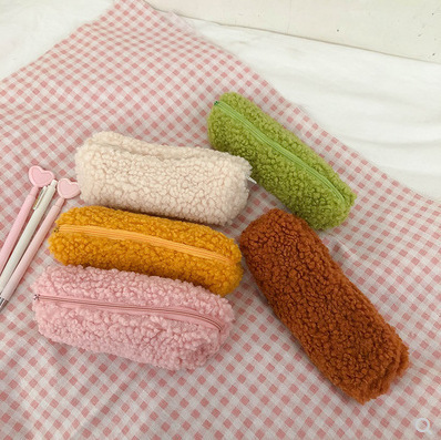 Korean style ins internet celebrity simple small fresh lamb plush pen bag avocado green student cute stationery storage bag