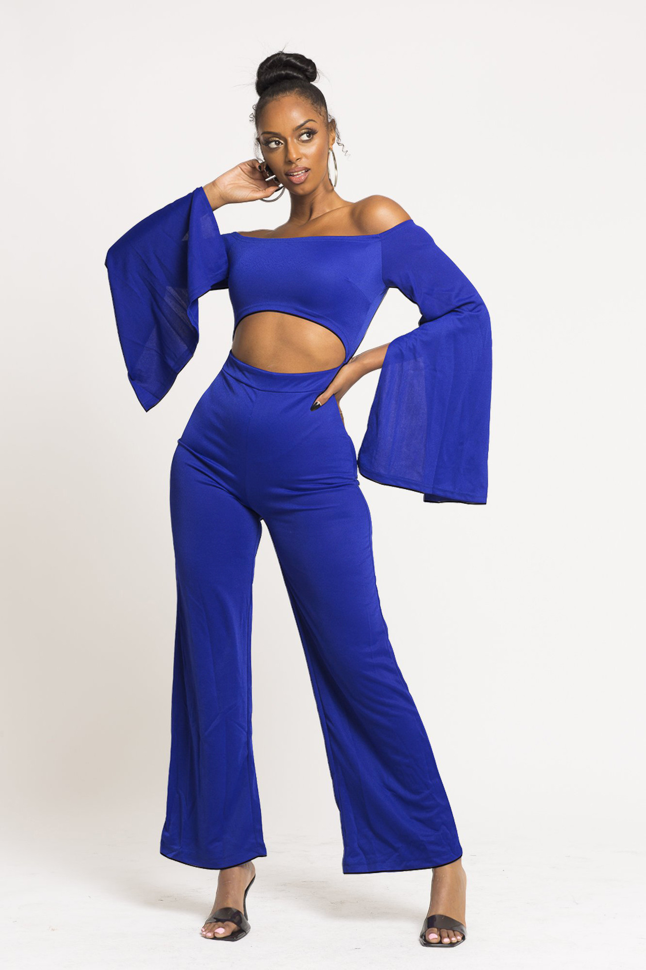 Boutique Casual Solid Color Long Sleeves Cropped off Shoulder Jumpsuit