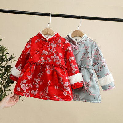 China Wind Kids 2019 Autumn and winter new pattern girl Retro Plum blossom Plush thickening cheongsam Dress new year