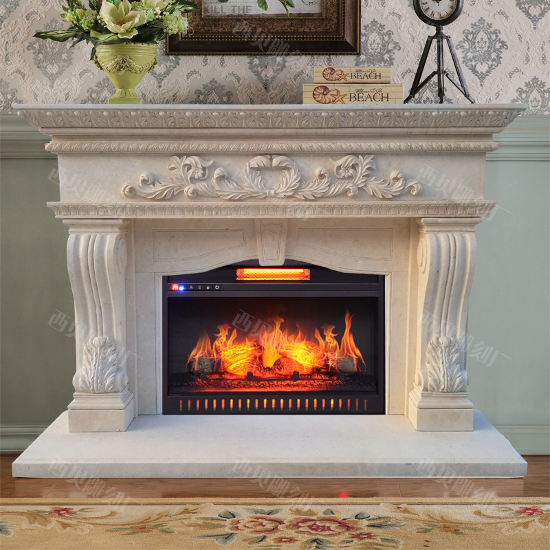 石雕壁炉 定制天然石材手工雕刻室内壁炉架别墅客厅装饰真火壁炉