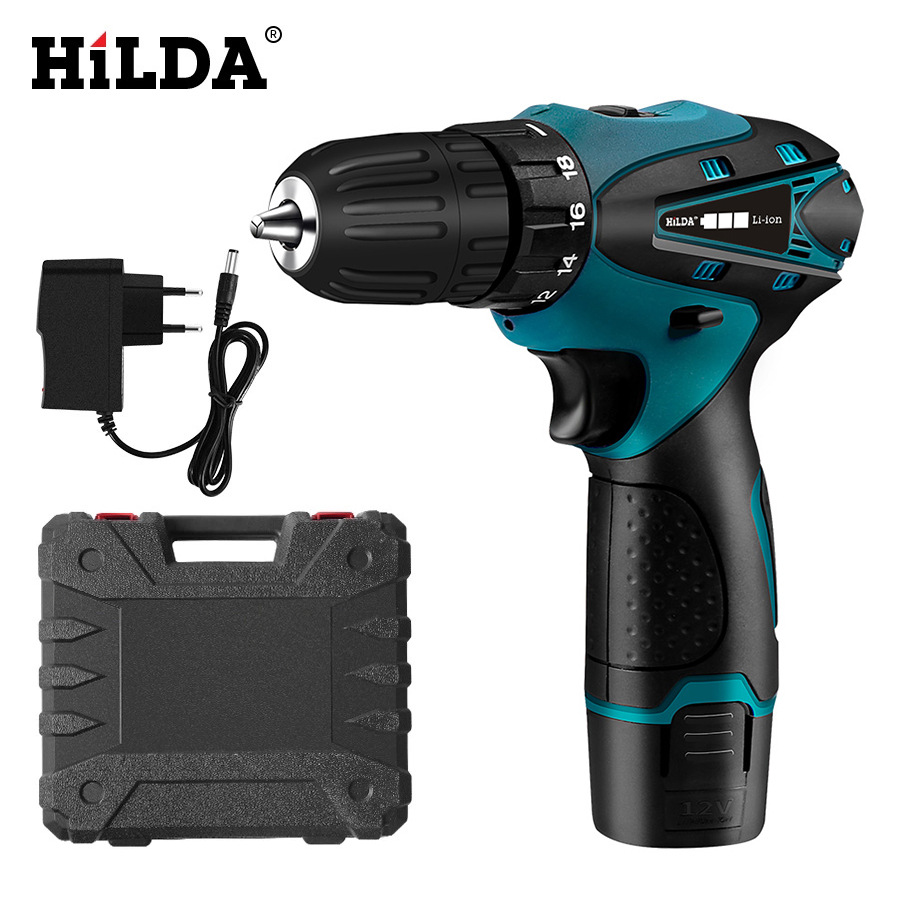 Hilda 12V destornillador inalámbrico taladro eléctrico doble velocidad batería de litio recargable LED luz 2 unids impermeable mano Taladro