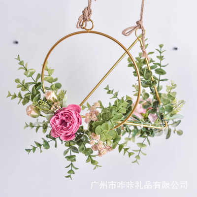 北欧创意墙上挂饰ins铁艺花环麻绳吊饰仿真花装饰 墙壁装饰直销